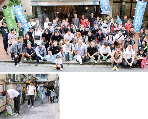 参加したメンバー一同と、ごみを拾いながら歩く様子