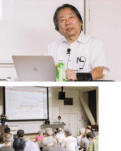 温暖化について語る中村氏（上）と満員の会場