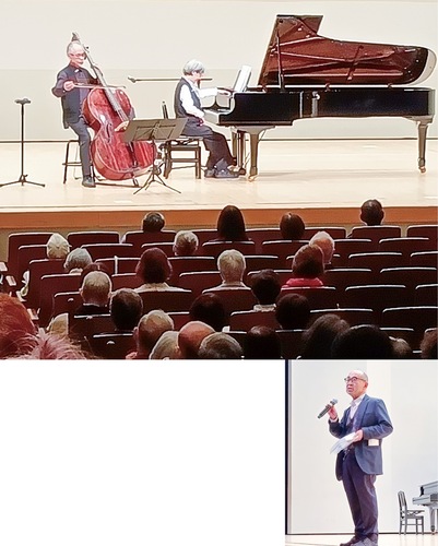 上・自らも「オストメイト」のコントラバス奏者の大西雄二さんと左手一本で活動するピアニスト大西ますみさんの演奏右・理解を深めてほしいと訴える坂本会長