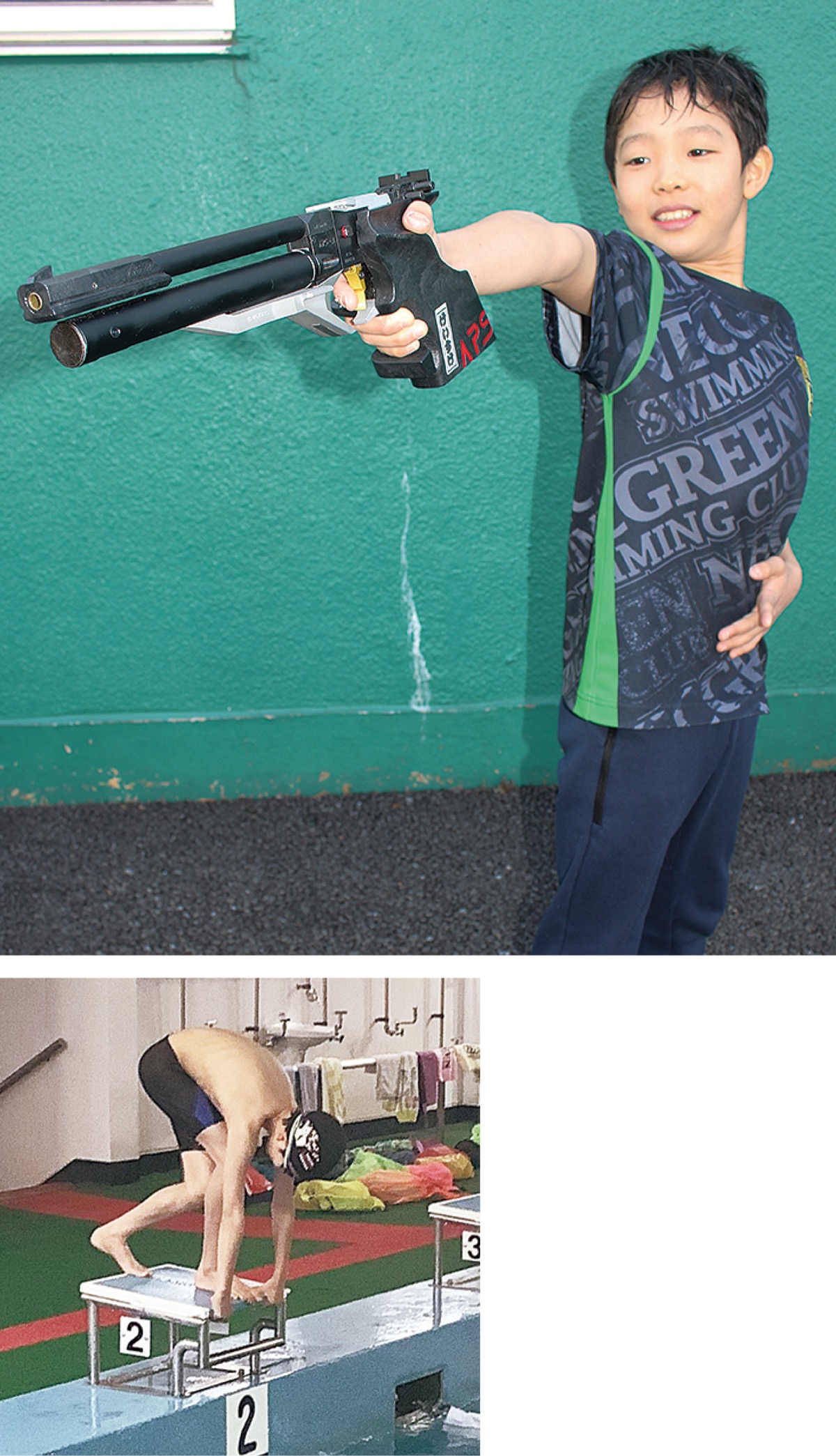 エアガンを構える佳祐君（上）／週４日取り組む水泳の練習