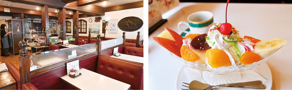 (左)開店当時から変わらぬ店内(右)プリンローヤルも人気