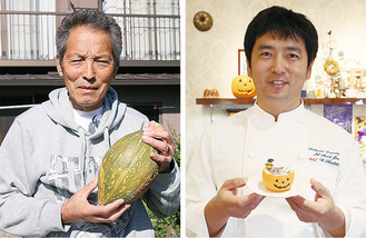 早野産のかぼちゃを持つ伊藤組合長（左）とプリンをもつ詩つ宍戸シェフ