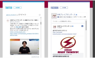 川崎ＢＴの公式サイトでもツイッター、フェイスブック情報を表示