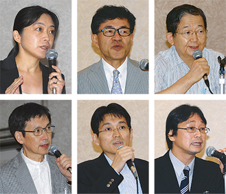 専門の医師が関節リウマチについて解説した（上段右から）堀内先生、岡野先生、村岡先生（下段右から）田口先生、原藤先生、小柳先生