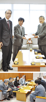 〈上写真〉松原議長（中央）、後藤副議長（左）に決議文を手渡す裵氏〈下写真）意見交換では差別の実態を訴えた