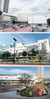 再開発が終わった鶴見駅東口（上）、川崎区側の”顔”となる川崎駅東口（中）と商業施設「ラゾーナ川崎」が人気を呼ぶ幸区側の同西口（下）