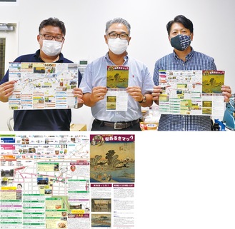 「川崎宿インバウンド研究会」のメンバー（上）と完成した「川崎っ子が選んだ　開運爆アゲ街あるきマップ」