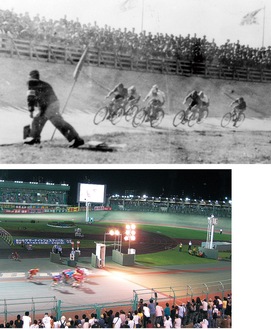 １９４９年の開設当初のレース（上）、現在の川崎競輪場