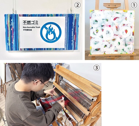 【1】展示される絵画【2】館内サイン【3】反物制作の様子（同社、同法人提供）