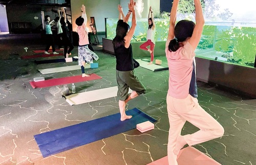 水槽の前でヨガをする参加（昨年）＝提供