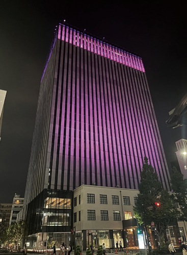 ピンク色に照らし出された川崎市役所（川崎市提供）
