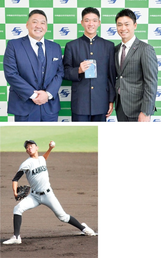 青木GMと並ぶ小宮投手、遠藤監督（右から・上）と試合で投げる様子　学校提供