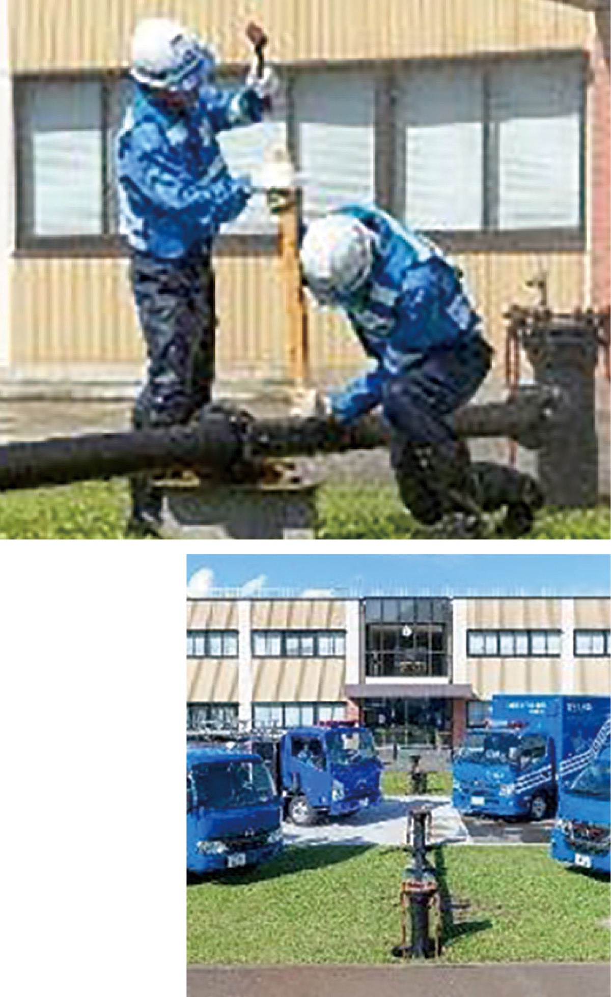 水道管からの漏水を止める技能集団（上）とずらりならぶ給水車など(C)川崎フロンターレ