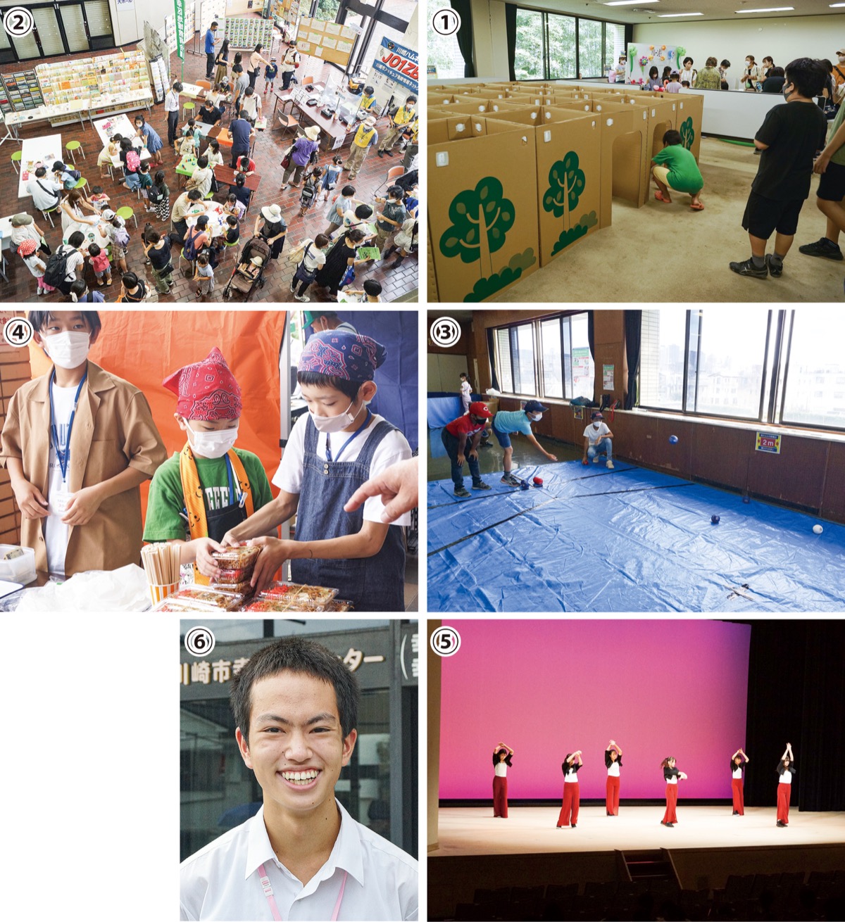 【1】大人気のダンボール迷路【2】人で賑わう市民館ロビー【3】ボッチャ体験【4】焼きそば販売を手伝う当日スタッフ【5】ステージでのパフォーマンス【6】斉藤実行委員長