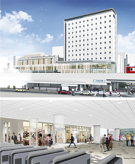 京急川崎駅前ビルの外観（上）と駅コンコース完成イメージ図（京急電鉄提供）