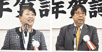 あいさつに立つ上野区長（左）と鏑木代表世話人