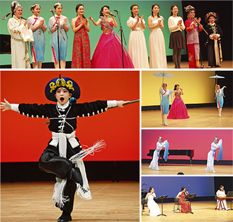 カラフルな背景のもと、中国の芸能を華麗に披露した大島君（左下）や歌舞団＝21日、杜のホールはしもと