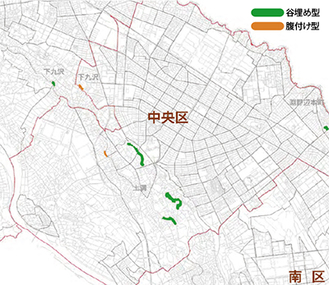 大規模盛土造成地のおおよその位置と種類を示す（市ホームページ【URL】http://www.city.sagamihara.kanagawa.jp/bousai/23488/033834.htmlから引用）