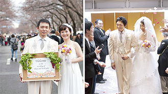 挙式を挙げ多くの人から祝福を受けた小野夫妻（左）と江成夫妻