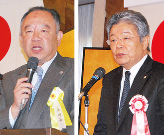 あいさつに立った山田支部長（左）と坂本会長＝17日、けやき会館