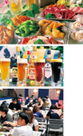（上）食べ応え満点のコース（中）各種クラフトビール（下）にぎわう館内