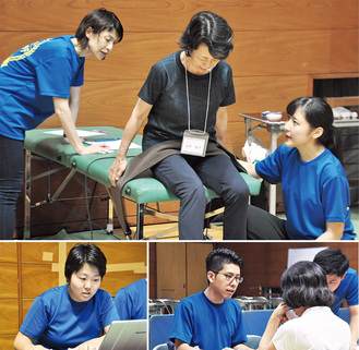 学生らの協力のもと、測定を行う参加者／（左下）解析を担当した澤田さん＝22日、相模原ギオンアリーナ