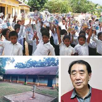 現地の小学生に文房具を寄贈（上）／同団体の永瀬代表（右下）／カンボジアのチュロイコール小学校