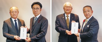 本村市長は戸田市長から、石川議長は熊谷大船渡市議会議長から見舞金を受け取った