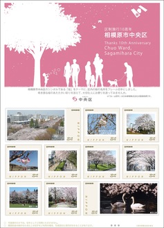 市役所さくら通りなど桜名所10カ所の写真を切手にした中央区のシート