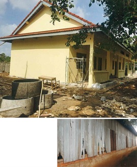 （上）今年８月に新築されたカンボジアのチュロイコール小学校（下）再建される以前の校舎の腐敗が進んだ壁面＝写真はいずれも村山さん提供