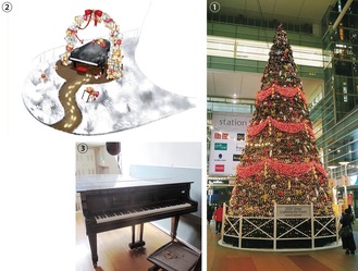 【1】ステーションスクエアのクリスマスツリー【2】女子美大生によるイメージスケッチ【3】藤野中学校で使われていたグランドピアノ