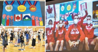 (左上)寄贈した応援旗(左下)応援うちわを振る児童(右)参加したカナダ選手たち＝12日