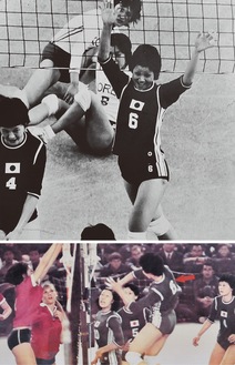(上)ミュンヘン五輪女子バレーボール準決勝・韓国戦で喜びの表情を見せる小野沢さん(右)(下)同じく決勝・ソ連戦では強烈なスパイクを決める（右側手前）＝本人提供写真