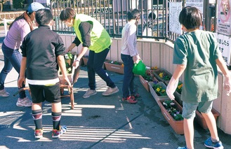 正門にプランターを運ぶ児童ら＝10月28日、横山小学校