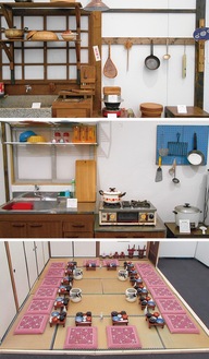 （上から）ジオラマ「家電製品普及前の台所」・「家電製品普及後の台所」・「自宅での婚礼」