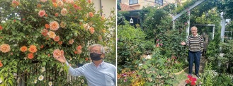 自宅のバラを案内する野崎さん【左】／手づくりの庭を紹介する平原さん