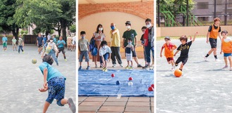 ドッジボール、ボッチャ、フットサルと、校庭で存分に競技を楽しむ児童ら＝6月4日、富士見小学校
