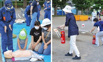 心肺蘇生訓練（左）と水消火器を使用した初期消火訓練＝6月25日、星が丘小学校校庭