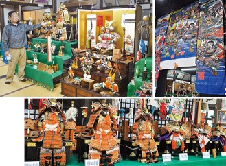 展示を紹介する田所さん（左上）、玄関に飾られたのぼり旗（右上）、年代ごとに並べられた五月人形（下）