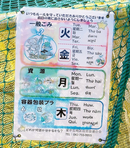 日本語の横に９カ国語に対応した曜日を表記した案内ポスター