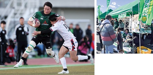 ＰＯＭの吉田杏選手（写真左）・スタジアム外広場には津久井在来大豆のＰＲブース（同右）が設けられた