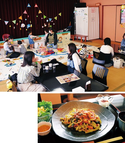 広い座敷で遊ぶ子どもたちとゆっくり食事を楽しむ保護者たち（写真上）と桑茶パスタ（同下）
