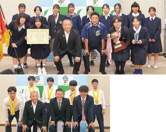 （上）相模原ハイドレンジャーズの選手たちと平本友和助監督ら（下）相陽クラブの選手たちと内藤監督ら