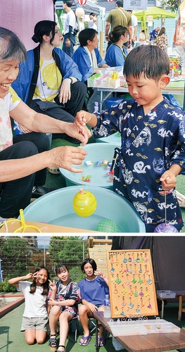 ２個目のヨーヨーを釣る子ども（写真上）と手作り雑貨を販売する篠崎さん（写真下の右）