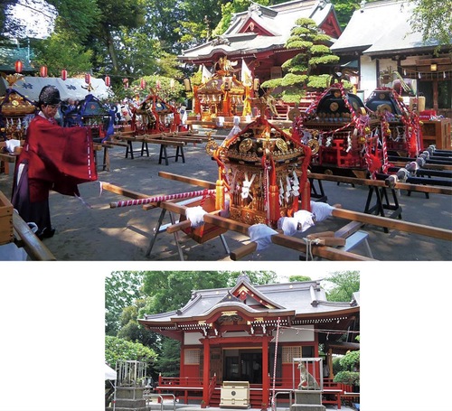 宮司が御魂入れの神事を行う（上）・昨年97年振りに改修された弁柄塗りが印象的な拝殿（右）