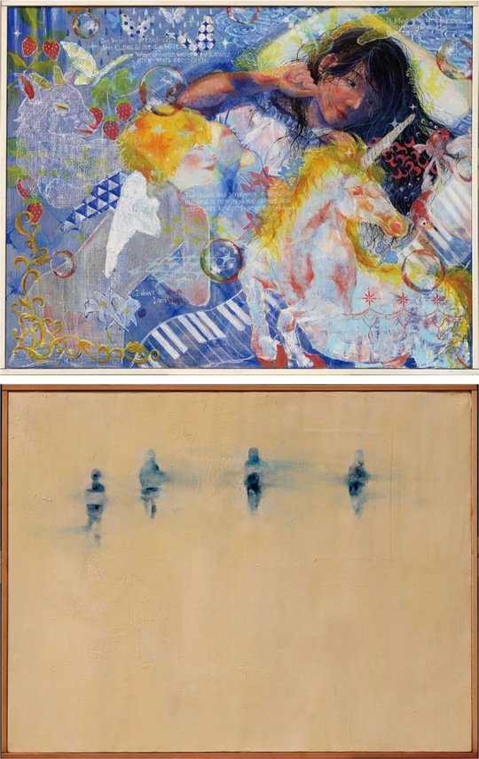 秀作賞を受賞した秋生枇音さん（２年）の作品｢夢よ覚めるな｣（上）・同じく秀作賞に選ばれた渡邉ういさん（同）の作品｢私｣（下）