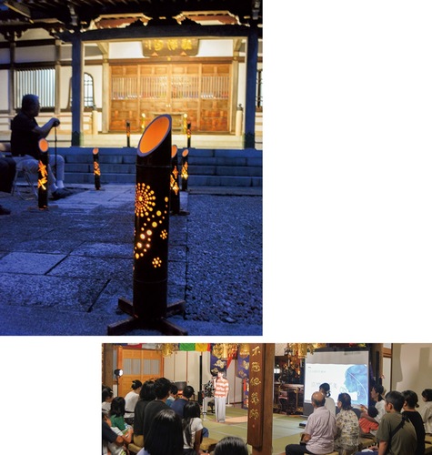 境内には竹灯籠が灯され（上）本堂ではコンサートが開かれた（右）