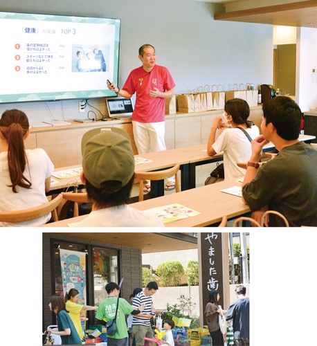 歯並びについて話す山下院長（写真上）、野菜販売で賑わう軒先（写真下）