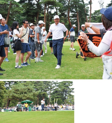 声援を受け、1番ホールのティーイングエリアへ向かう原さん（写真上中央）。多くのギャラリーが見守った（同左）=18日撮影