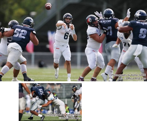 【写真上】パスを投じるＱＢカート・パランデック選手（＃６）【同下】激しいタックルで相手の攻撃を封じる守備陣